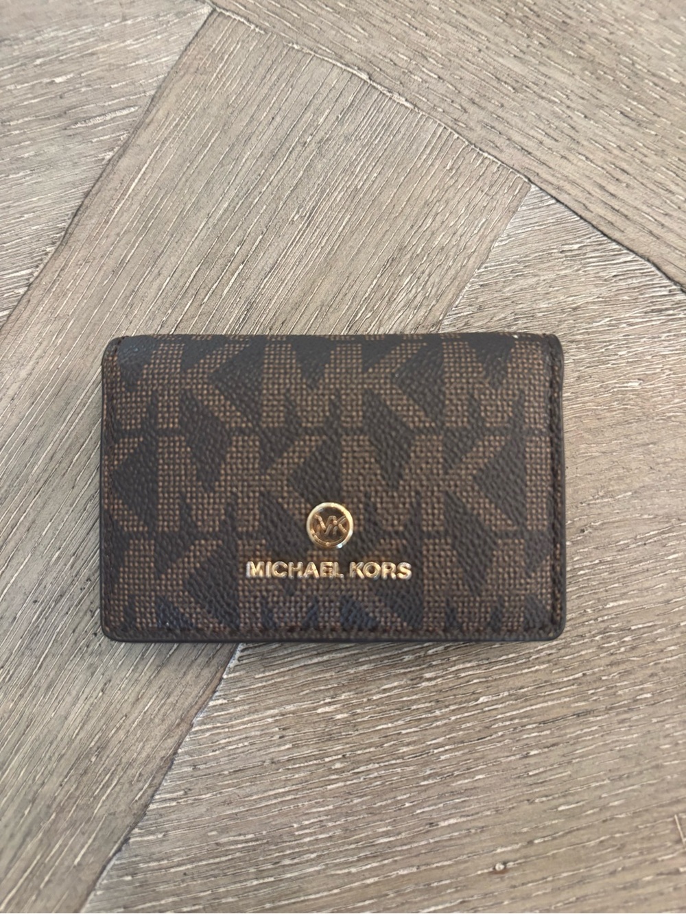 Michael Kors Dark Brown MK Logo Card Holder with Gold Hardware